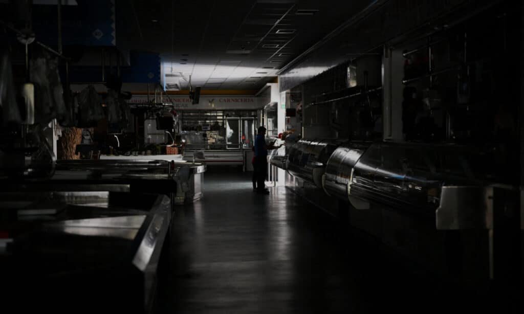"Butcher shop in dark during Spain power outage 2025 due to green energy failure."