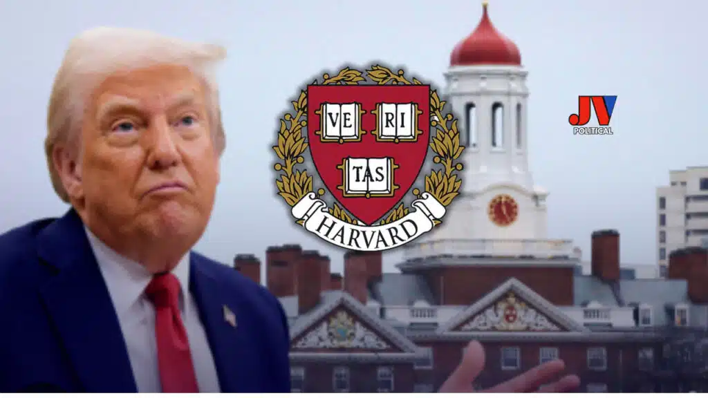 🔥 Trump’s taking Harvard to task! 🏛️ The Harvard crest looms large with its historic campus in the background, but Trump’s pointing the way forward for America First! 🇺🇸 JVPolitical stands with our President! 💥 #TrumpVsHarvard #MAGA #AmericaFirst #JVPolitical #PatriotPride
