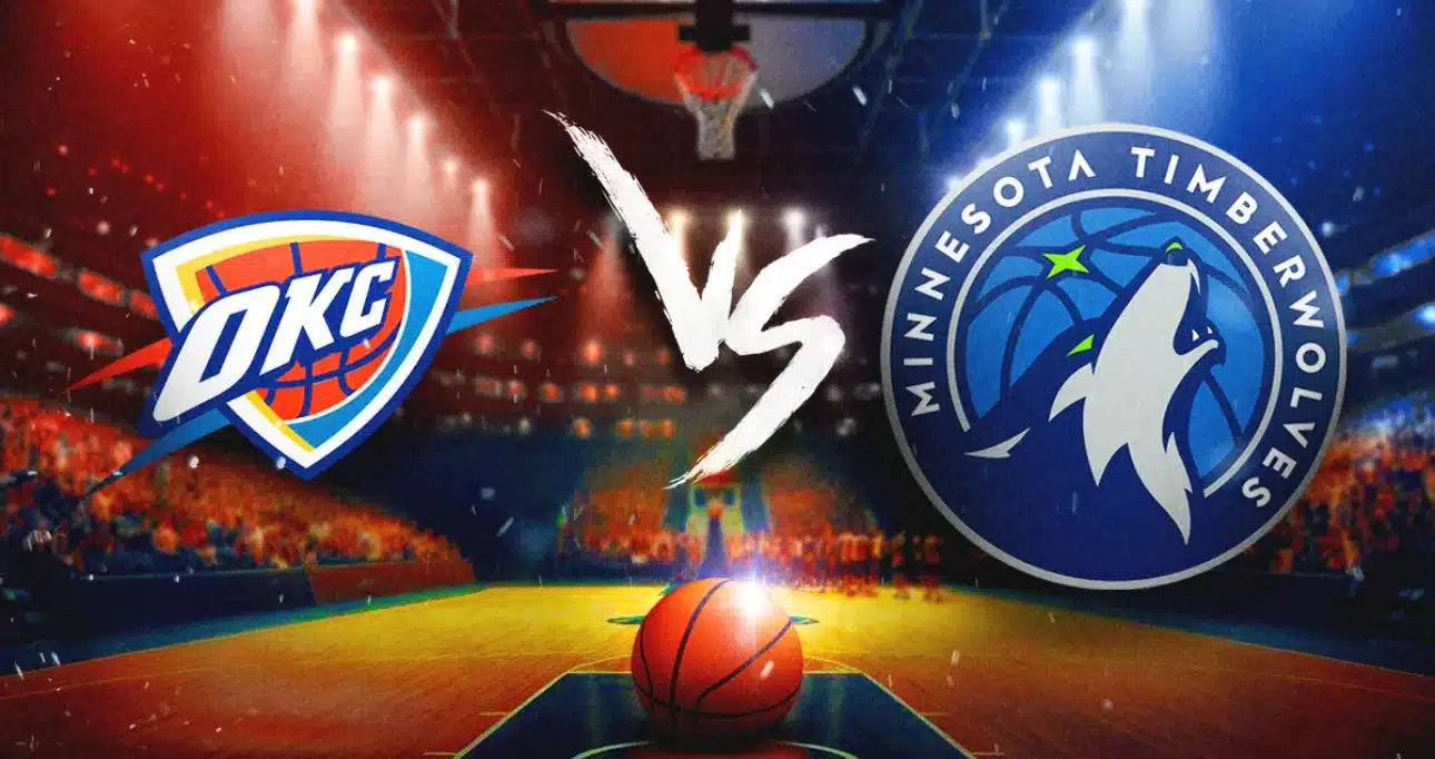 A fiery showdown on the court with the OKC Thunder logo on the left, Minnesota Timberwolves logo on the right, and a basketball at center under bright arena lights—Game 1 of the 2025 NBA Western Conference Finals is here! The Wolves are bringing that MAGA grit to take down OKC in this heart-pounding battle. ???????????? #TimberwolvesVsThunder #NBAPlayoffs2025 #MAGA #WolvesPride #Game1Showdown