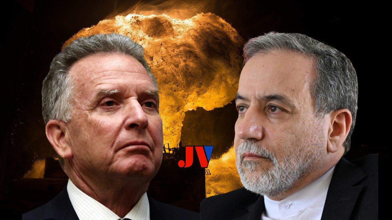 A fiery showdown! 🔥 Two leaders face off with a nuclear explosion in the background, symbolizing the tense U.S.-Iran uranium enrichment talks in Rome. The JV Political logo stands bold in the center. 🇺🇸🇮🇷 #TrumpVsIran #NuclearTalks #RomeNegotiations #UraniumEnrichment #JVPoli #AmericaFirst #IranNuclearThreat 💥📰 Trump Iron Grip on Iran