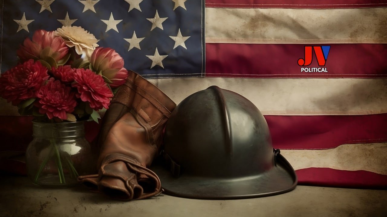 A heartfelt Memorial Day tribute: a weathered American flag 🇺🇸 backdrop honors our fallen heroes, with a vintage military helmet, leather boots, and red-white flowers in a jar symbolizing sacrifice and remembrance. Let’s never forget their bravery. Share your tribute with #MemorialDay2025 #HonorTheFallen #AmericanHeroes 🪖🌹 @jvpolitical