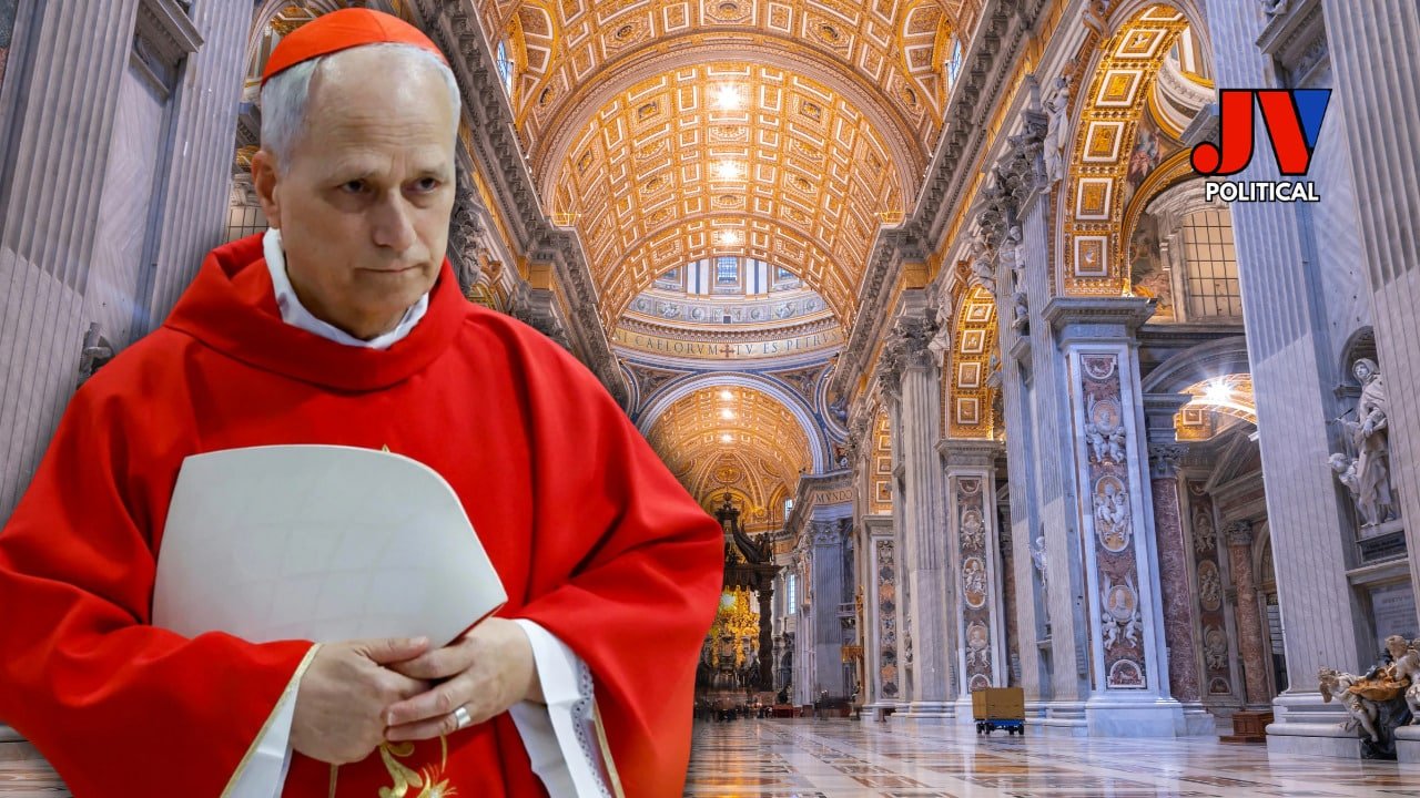 "Cardinal in stunning red robes strolls through the golden halls of St. Peter’s Basilica, holding a mysterious document—Vatican secrets or just his grocery list? 🕊️📜 #VaticanVibes #MysteryInRed" The First American Pope