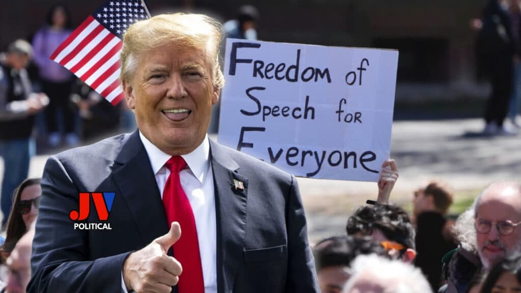 Donald Trump giving a big thumbs-up at a rally, surrounded by proud Americans waving flags 🇺🇸 and holding a sign that says “Freedom of Speech for Everyone.” JV Political’s logo stands out, ready to call out Harvard’s hidden agenda! 🗽 Let’s fight for free speech and transparency! #TrumpRally #FreedomOfSpeech #AmericaFirst #HarvardExposed #JVPolitical 💪🔥