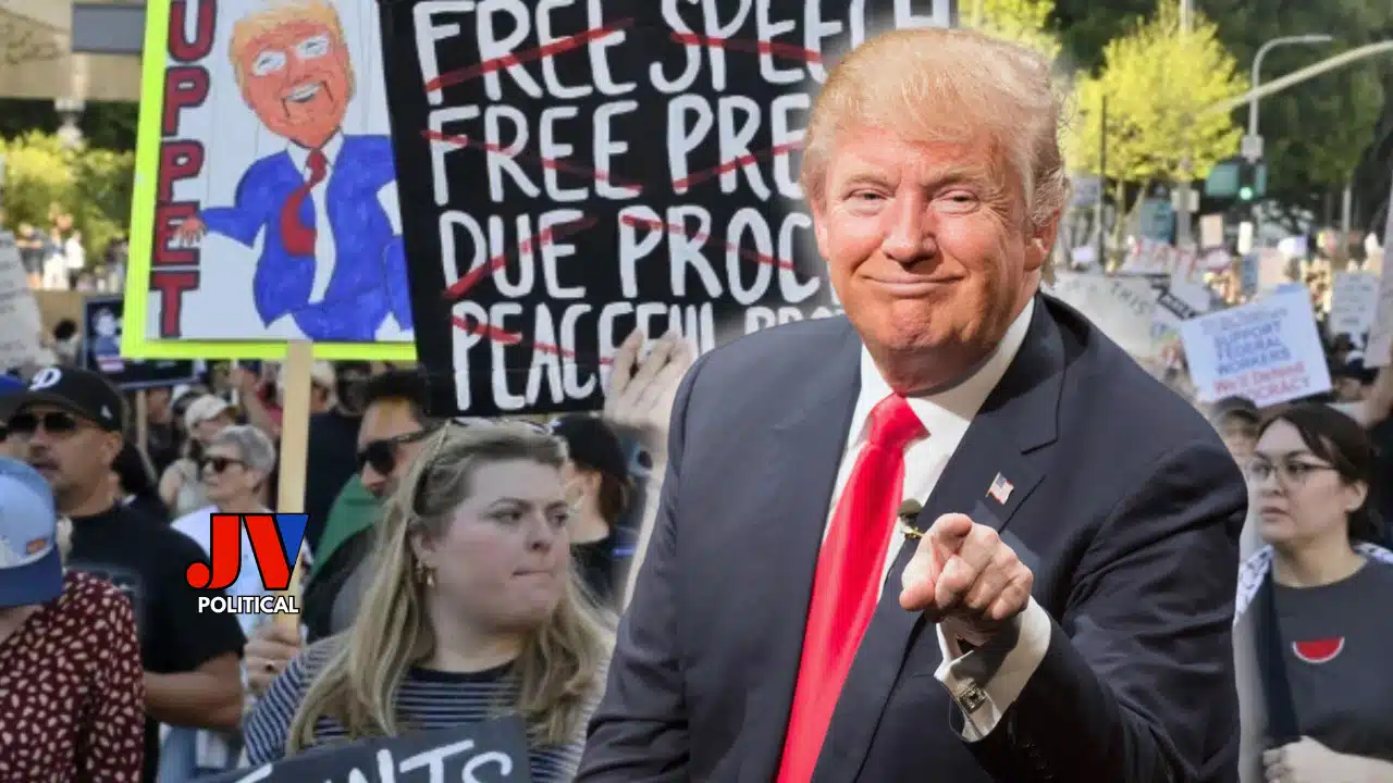 Donald Trump pointing with a confident smile at a rally, surrounded by passionate supporters holding signs like “Free Speech Due Process” and a bold cartoon of Trump with “MAGA Puppet” written on it. The crowd’s fired up for America First! ???????? JV Political’s logo shines in the corner, ready to take on Harvard’s secrets. ???? #TrumpRally #AmericaFirst #HarvardSecrets #MagaMovement #JVPolitical ????????️ Harvard Foreign Student