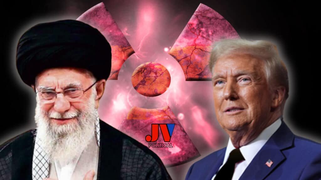 Explosive tension! 💥 A glowing nuclear symbol looms as Trump and Iran's leader face off in the Rome uranium talks. JV Political stands firm in the center. 🇺🇸🇮🇷 #TrumpIranShowdown #NuclearStandoff #RomeTalks #UraniumCrisis #JVPolitical #AmericaStrong #IranThreat ⚡📰