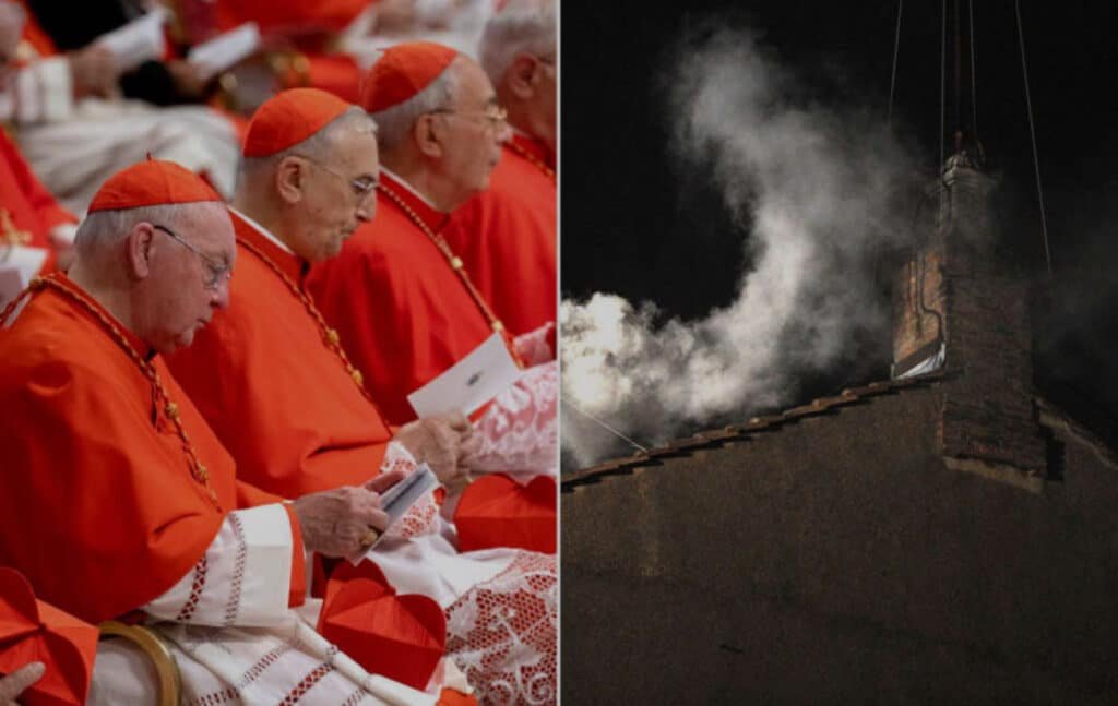 "Left: Cardinals in red robes sit in solemn prayer during the 2025 conclave, deciding the next pope. Right: White smoke swirls from the Sistine Chapel chimney at night, announcing a new leader for 1.4 billion Catholics. A moment that could shift global politics! 🌟🔔 #ConclaveSmokeToday #NewPope #VaticanDrama"