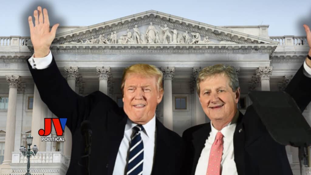 "President Trump and JV Charles wave victoriously in front of the U.S. Capitol’s grand columns, celebrating a MAGA win! The JV Political logo in bold red, white, and blue shines proudly. Caption: 'Trump and JV Charles are making history with the Big Beautiful Bill Contents! America First is BACK—join us at jvpolitical.com! 🇺🇸✨ #MAGA #Trump2025'