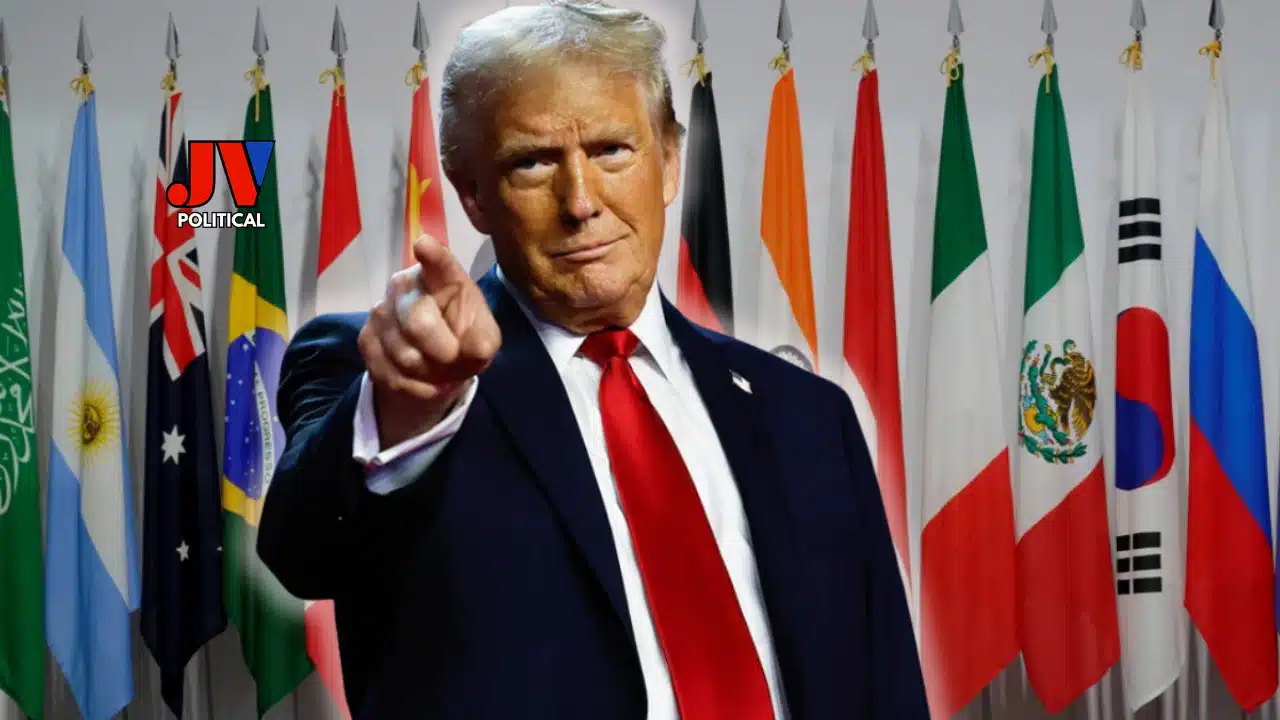 President Trump points directly at the camera, standing tall in front of flags from nations like Brazil, Mexico, and China ????????????????????????—a powerful symbol of his America First fight! The JV Political logo shines in the corner, repping our MAGA mission. Trump’s red tie pops as he takes on globalists with his tariffs. Let’s rally, patriots! ???????? #TrumpTariffs #AmericaFirst #MAGA #JVPolitical #PatriotPower Appeals Court Saves Trump Tariffs