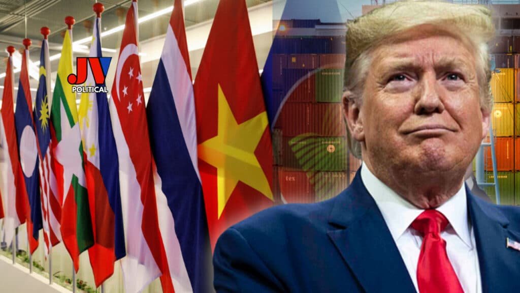 President Trump stands firm in front of flags from nations like Singapore, Thailand, and Vietnam 🇸🇬🇹🇭🇻🇳, with shipping containers stacked high—a bold nod to his tariff fight! The JV Political logo blazes in the corner, waving the MAGA flag. Trump’s red tie shines as he takes on global trade head-on. Patriots, let’s stand with him! 🚢🇺🇸 #TrumpTariffs #AmericaFirst #MAGA #JVPolitical #TradeWarrior