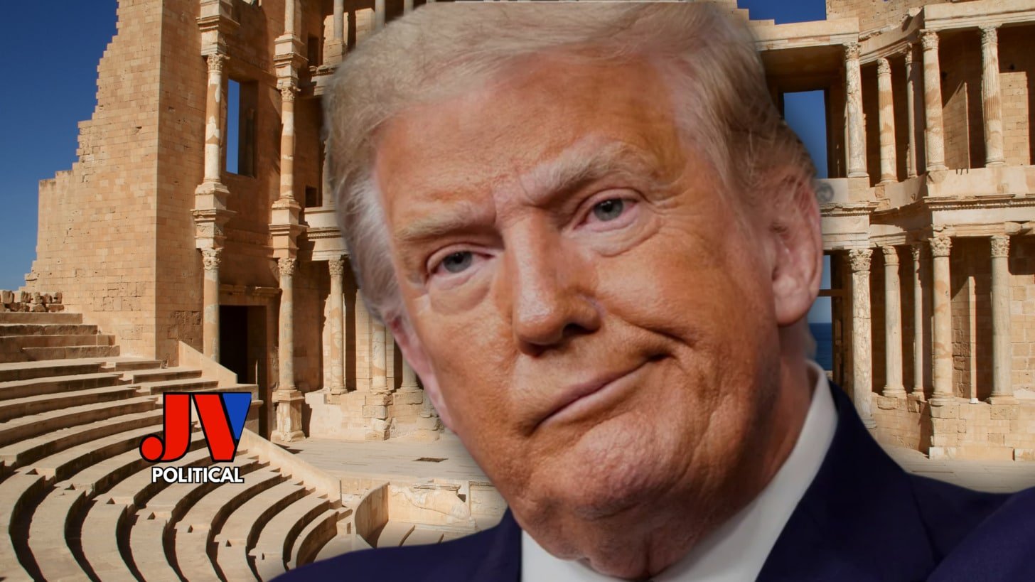 President Trump stands tall in front of ancient Libyan ruins, staring down the fake news about the US embassy plans to relocate Palestinians to Libya. The JV Political logo in bold red, white, and blue screams America First! Share this epic shot to rally MAGA patriots against liberal lies! US Embassy and Palestinians to Libya