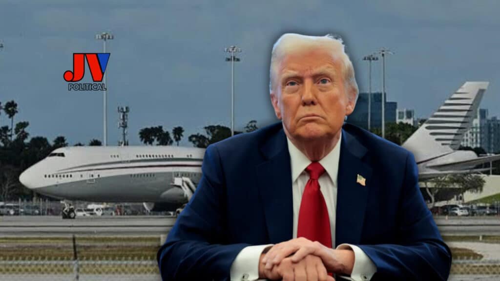 President Trump, suited up and ready to roll, stands in front of Qatar’s luxury Boeing 747-8—America’s new Air Force One, gifted for FREE! 🇺🇸✈️ A $200M deal that’s got the left fuming and patriots cheering! 🦅 JV Political’s got the scoop! 📰 #TrumpWins #MAGA2025 #QatarJet #AmericaFirst #JVPolitical