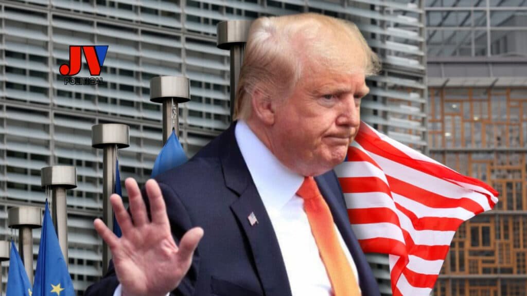 President Trump waves off the EU with a bold gesture in front of their flags 🇪🇺, holding a massive US flag 🇺🇸 that screams America First! The JV Political logo proudly sits in the corner as Trump stands firm against a sleek EU building backdrop. The EU’s trade deal dreams are on the ropes thanks to Trump’s tariffs! 🦅💥 #Trump2025 #AmericaFirst #EUTradeFail #MAGA #JVPolitical #TariffKing #PatriotPower