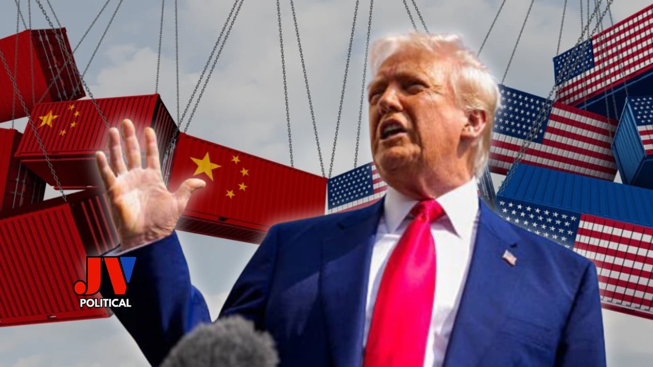 Trump in a sharp blue suit with a red tie, standing tall with a hand raised, saying "Not today, China!" 🇺🇸🚫 Behind him, giant shipping containers with U.S. and Chinese flags dangle from cranes 🏗️—America’s containers towering over China’s! JV Political logo in the corner. Trade war vibes are STRONG! 💪 #AmericaFirst #TrumpWins #TradeDealVictory Trump Just Schooled China with His Tariff Magic