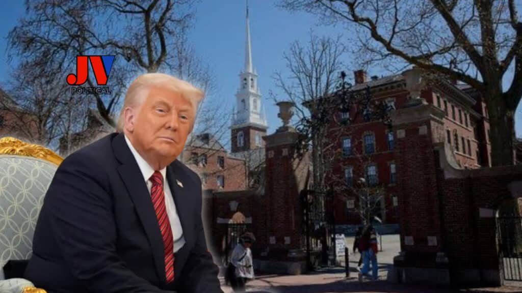 Trump sits tall in a golden chair, glaring at Harvard’s campus with its steeple and brick gates, JV Political logo blazing in red and blue. Elites beware—America’s taking charge! 🦅🇺🇸 #HarvardBan #Trump2025 #AmericaFirstEducation #JVPolitical #MAGA