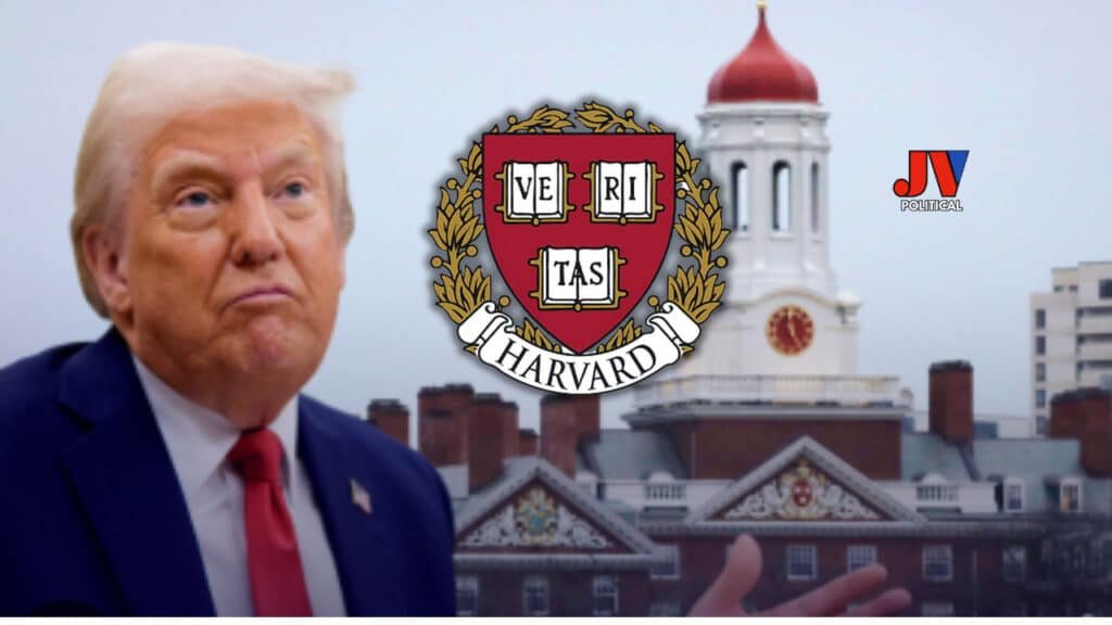 🔥 Trump’s taking Harvard to task! 🏛️ The Harvard crest looms large with its historic campus in the background, but Trump’s pointing the way forward for America First! 🇺🇸 JVPolitical stands with our President! 💥 #TrumpVsHarvard #MAGA #AmericaFirst #JVPolitical #PatriotPride