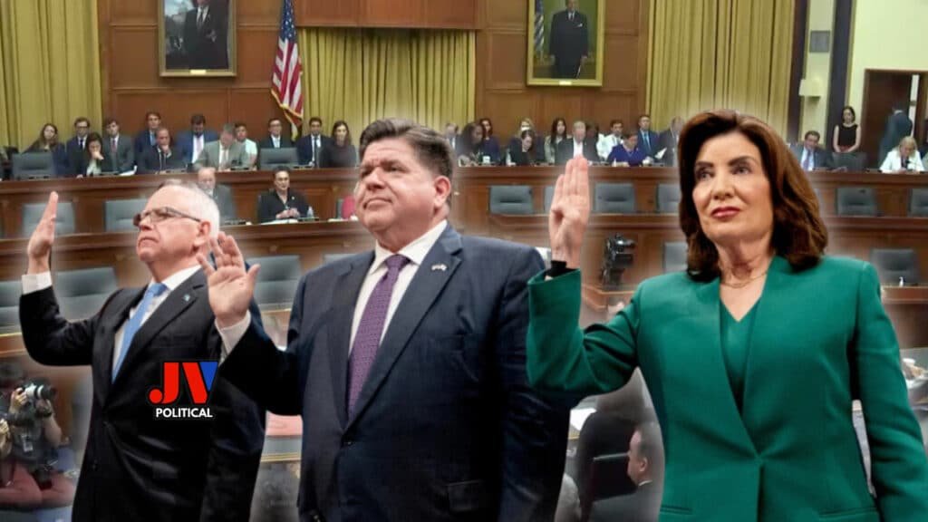 Dramatic scene as Democratic governors Tim Walz, JB Pritzker, and Kathy Hochul take their oath before a heated House Oversight Committee hearing on June 12, 2025. Hands raised, tensions high, with the American flag in the background—will they defend sanctuary policies against GOP pressure? #MAGA #Trump2025 #SanctuaryDebate #ImmigrationHearing #TimWalz #JBPritzker #KathyHochul #AmericaFirst #HouseOversight #BorderSecurity