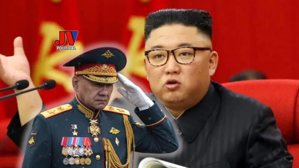 Epic showdown! North Korea's Kim Jong Un speaks passionately while Russia's Sergei Shoigu salutes in full military glory against a striking red backdrop. Captured by JVPolitical.com with the bold JV logo. #KimJongUn #SergeiShoigu #RussiaNorthKorea #MAGA #AmericaFirst #Geopolitics #JVPolitical #BreakingNews #WorldLeaders #PowerMove