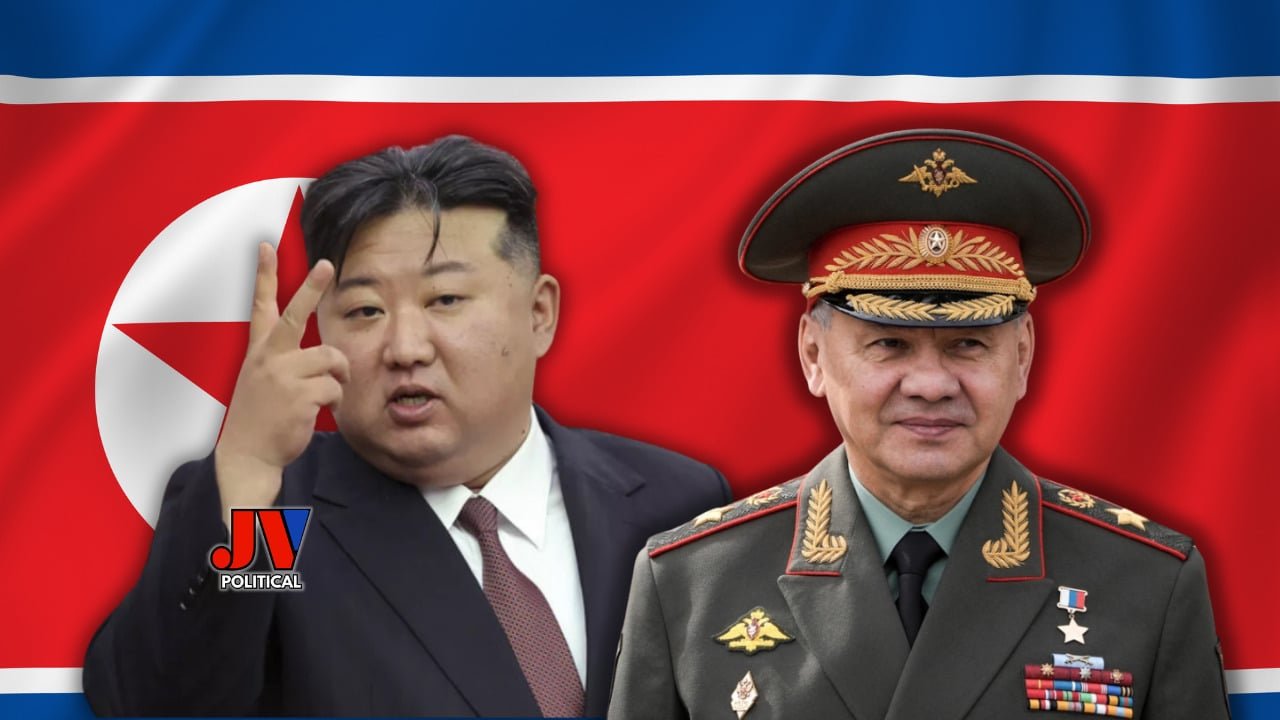 Explosive meeting between North Korea's Kim Jong Un and Russia's Sergei Shoigu against the bold North Korean flag! Kim flashes a peace sign, while Shoigu stands tall in his decorated uniform, showcasing a powerful alliance. Featured on JVPolitical.com with the iconic JV logo. #RussiaNorthKorea #KimJongUn #SergeiShoigu #MAGA #AmericaFirst #Geopolitics #JVPolitical #BreakingNews #WorldPolitics #StrongAlliances