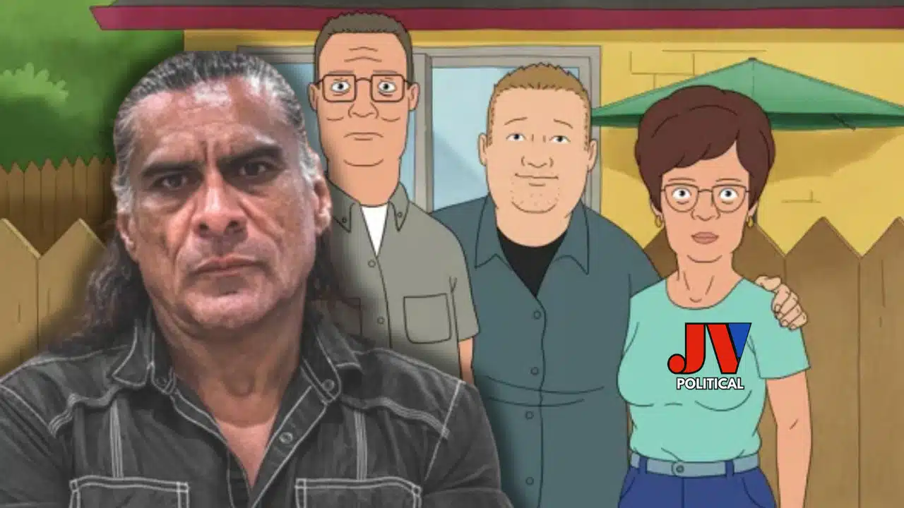 "Jonathan Joss in a denim jacket alongside King of the Hill characters Hank, Bobby, and Peggy (wearing a JV Political shirt) in front of a suburban house with a wooden fence and green umbrella. Honoring a legend! ????️???? #JonathanJoss #KingOfTheHill #JohnRedcorn #ParksAndRec #SanAntonio #HollywoodIcon #JVPolitical #RIP ????????"