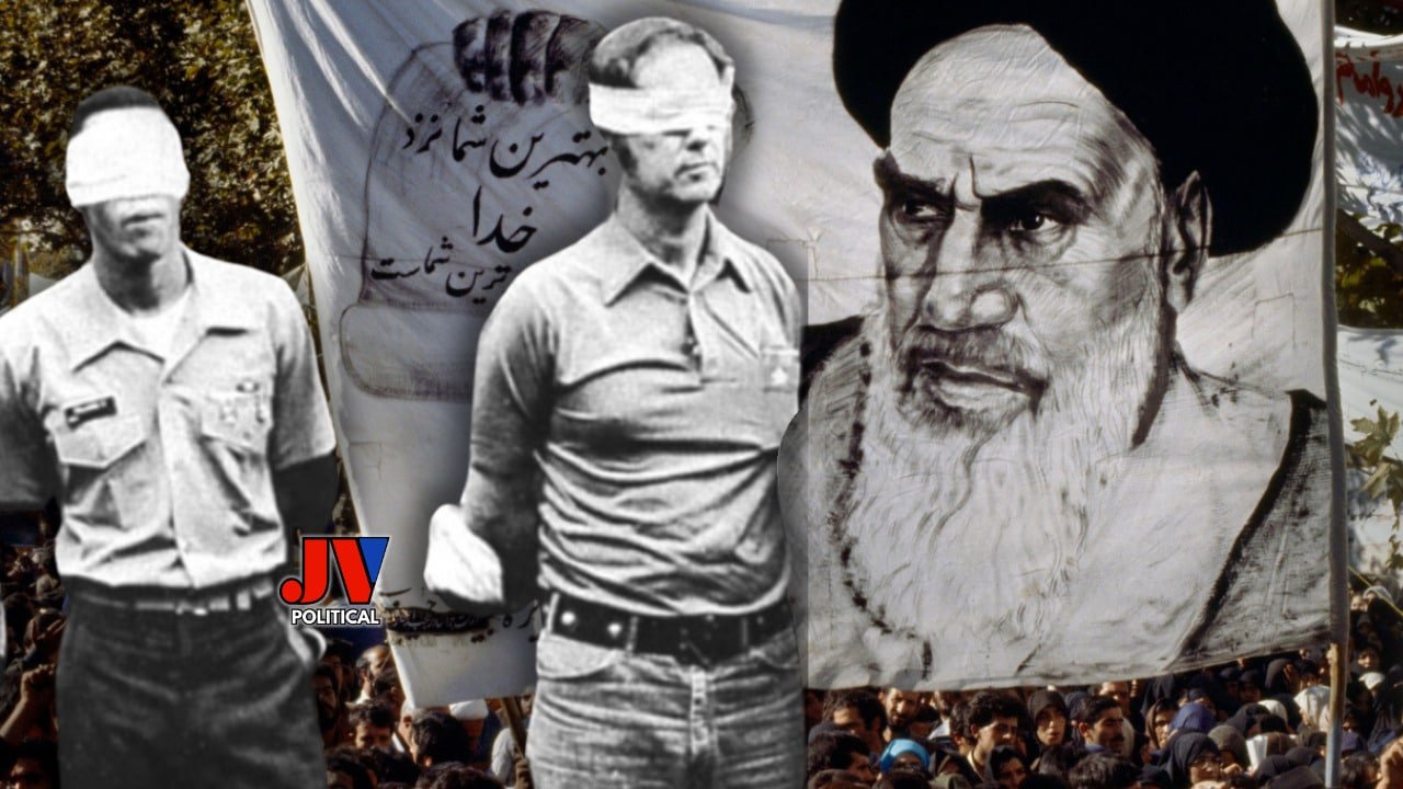 Powerful image capturing the 1979 Iran Hostage Crisis, featuring blindfolded American hostages, a defiant portrait of Ayatollah Khomeini, and a massive crowd of Iranian protesters waving banners with Persian script. The scene is a stark reminder of American vulnerability and the need for strength, branded with the JVPolitical logo. #IranHostageCrisis #AmericanStrength #MAGA #JusticeForAll #IranProtests #HumanRights #FreeIran #NoViolence #Trump2024 #AmericaFirst