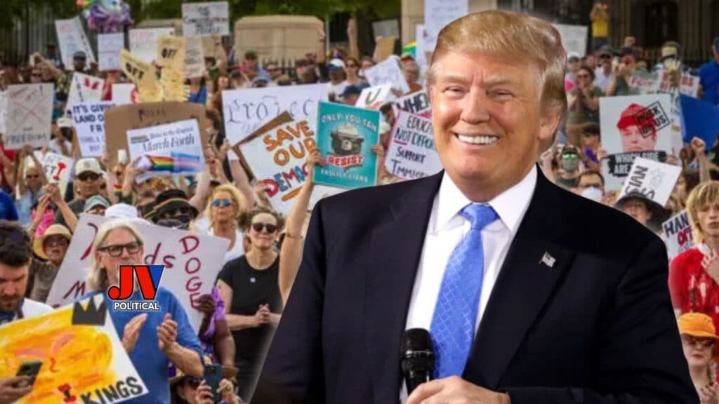 "President Donald Trump, beaming with confidence in a sleek suit and holding a mic, stands tall with the JVPolitical.com logo, rallying the crowd on June 14, 2025. Behind him, a sea of protesters wave wild signs like 'No Kings,' 'Save Our Democracy,' and 'Resist,' creating a chaotic, colorful clash of voices that’s lighting up the internet!"