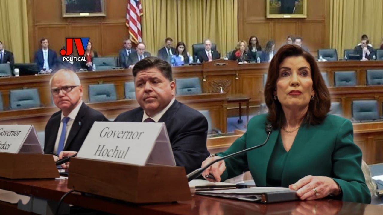 Tense moment at the House Oversight Committee hearing as Democratic governors Tim Walz, JB Pritzker, and Kathy Hochul face off with Republican lawmakers over sanctuary policies. Hochul, in green, gestures passionately while Walz and Pritzker listen intently. The room buzzes with anticipation as the immigration debate heats up! #MAGA #Trump2025 #SanctuaryPolicies #ImmigrationDebate #HouseOversight #TimWalz #JBPritzker #KathyHochul #AmericaFirst #BorderSecurity Democratic Governors Face GOP Fire Over Sanctuary Policies in Explosive House Hearing