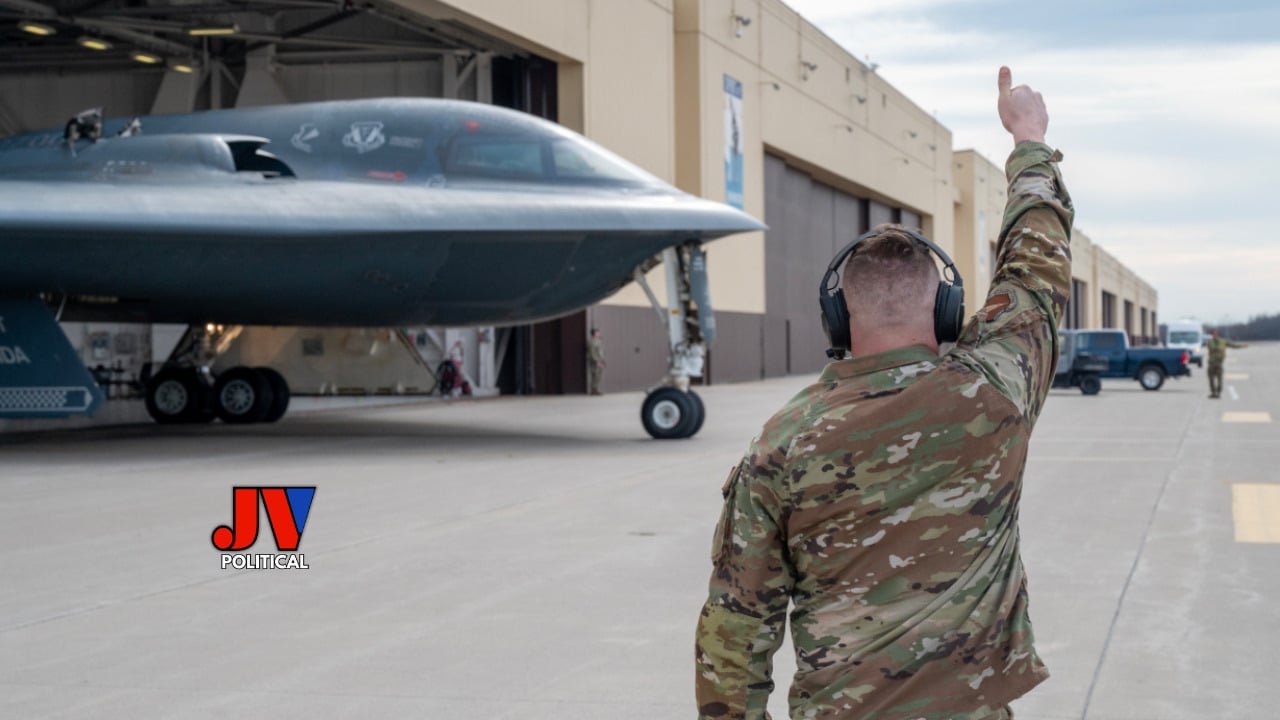 "🇺🇸 Check out this badass moment at JVPolitical.com! A U.S. Air Force hero gives the thumbs-up in front of a sleek B-2 stealth bomber ready for action. This beast just rocked Operation Midnight Hammer, proving America’s dominance with United States Air Force bombers. Spotted at a US B-2 bombers Indian Ocean base, this $2B war machine (one of only 19 B-2 stealth bombers) is pure power! Share the pride! #B2Bomber #OperationMidnightHammer #USAirForce #MilitaryMight"