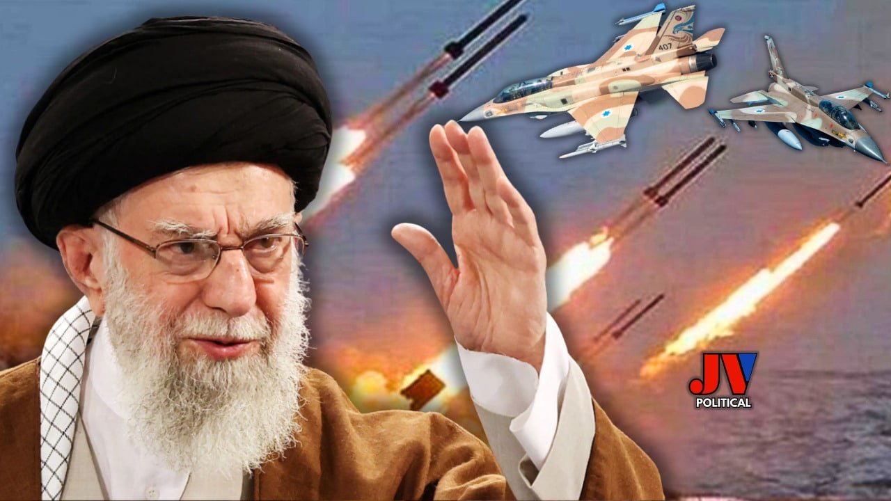 🚨 BREAKING: Iran’s Supreme Leader waves defiantly as Israeli fighter jets unleash a barrage of missiles in this explosive Israel-Iran news showdown! 🌩️✈️ Witness the tension of why is Iran attacking Israel and Israel’s response to Iran in this jaw-dropping image from JVPolitical.com. Share now to join the MAGA fight for truth! 🇺🇸🇮🇱 #IsraelIranWar #MAGA #JVPolitical